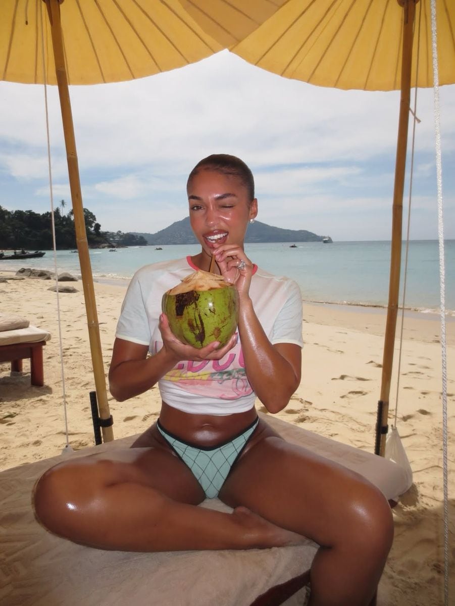 Lori Harvey in red bikini with gold body chain