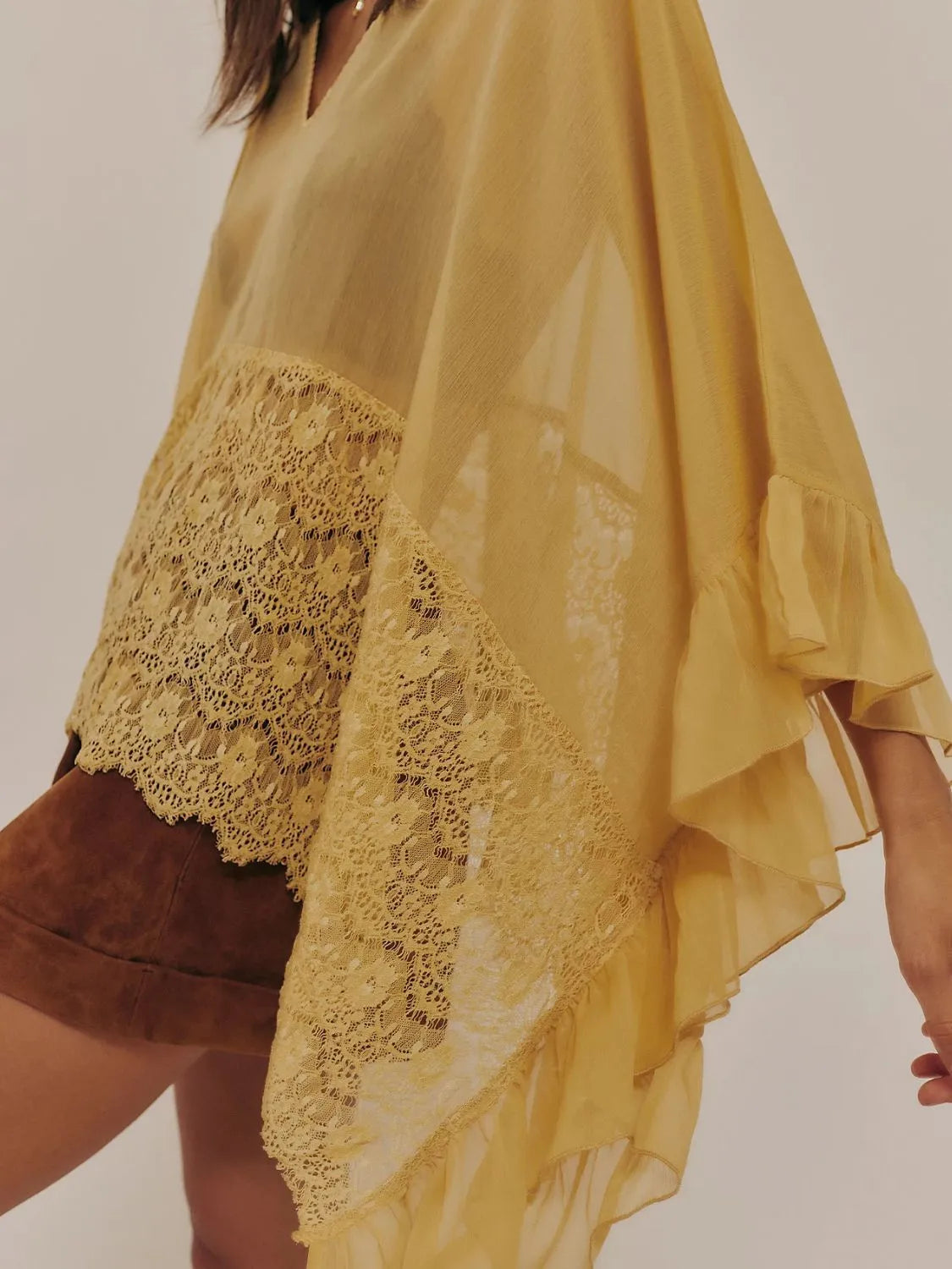 Lace V-Neck Ruffle Long Sleeve Cover-Up - Mustard