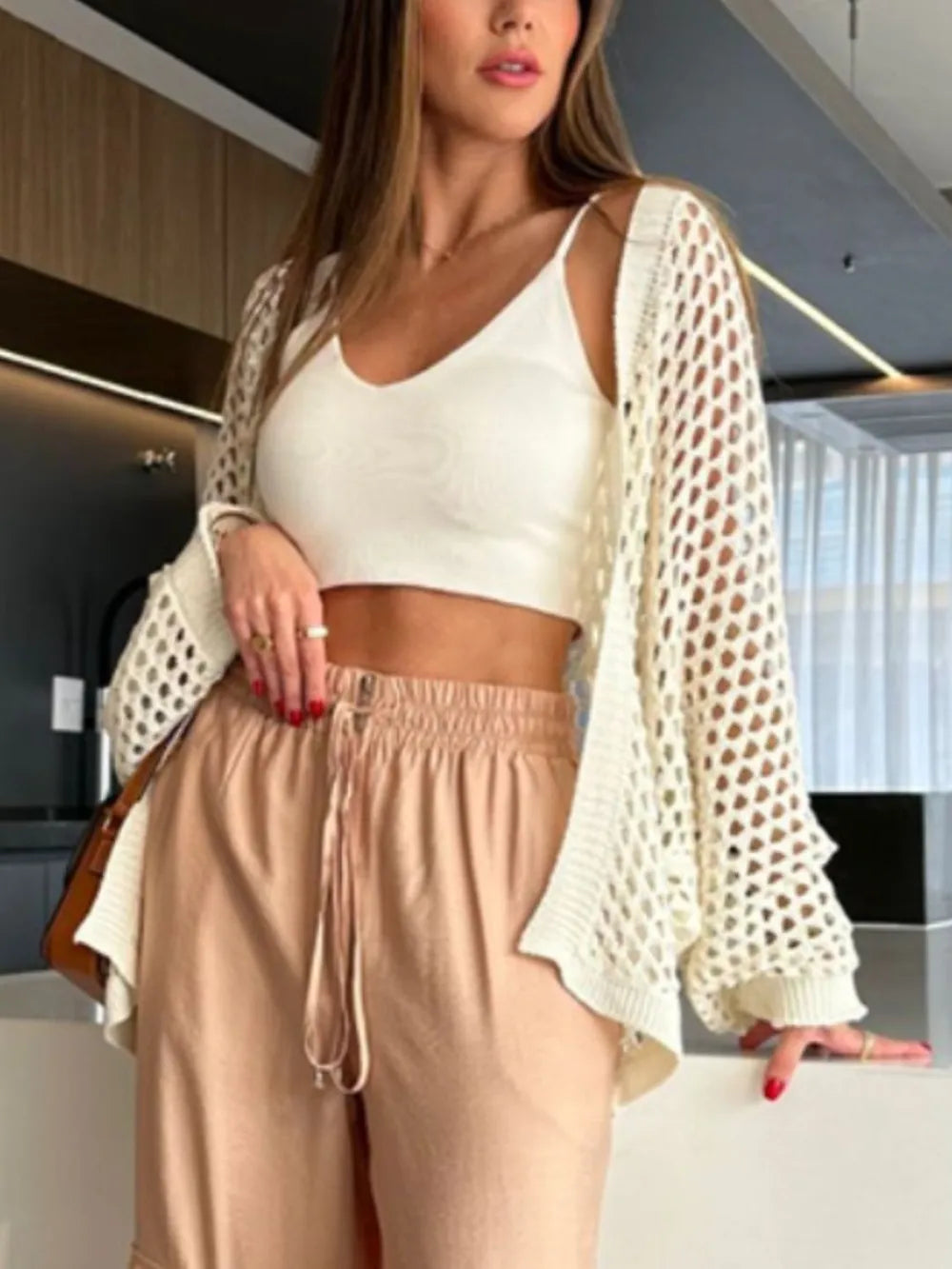 Hollow Out Open Front Cover-Up - Cream