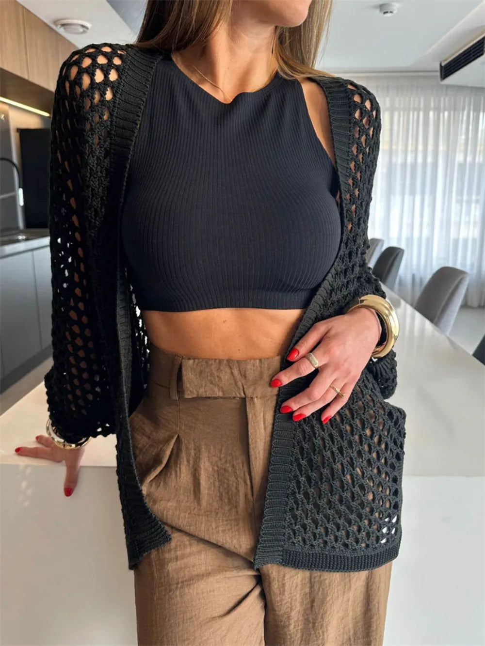 Hollow Out Open Front Cover-Up - Black