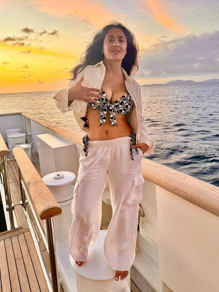 Salma Hayek in patterned bikini on yacht during spring break 2026