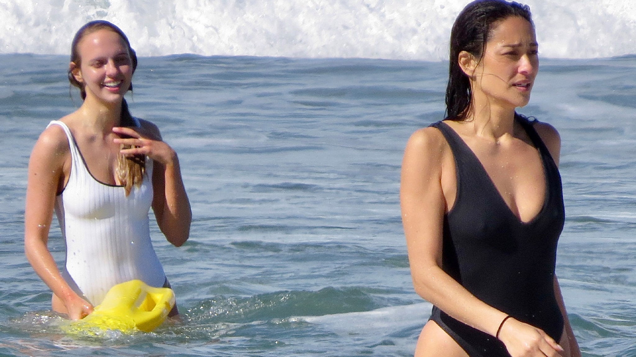 Shay Mitchell in black one-piece swimsuit during Baywatch 2026 beach training in Los Angeles
