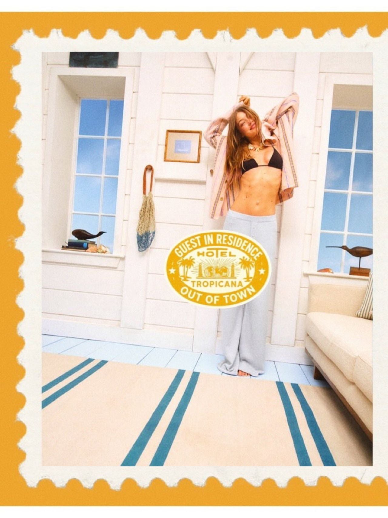 Gigi Hadid in Guest in Residence Spring 2026 campaign in layered bikini top look