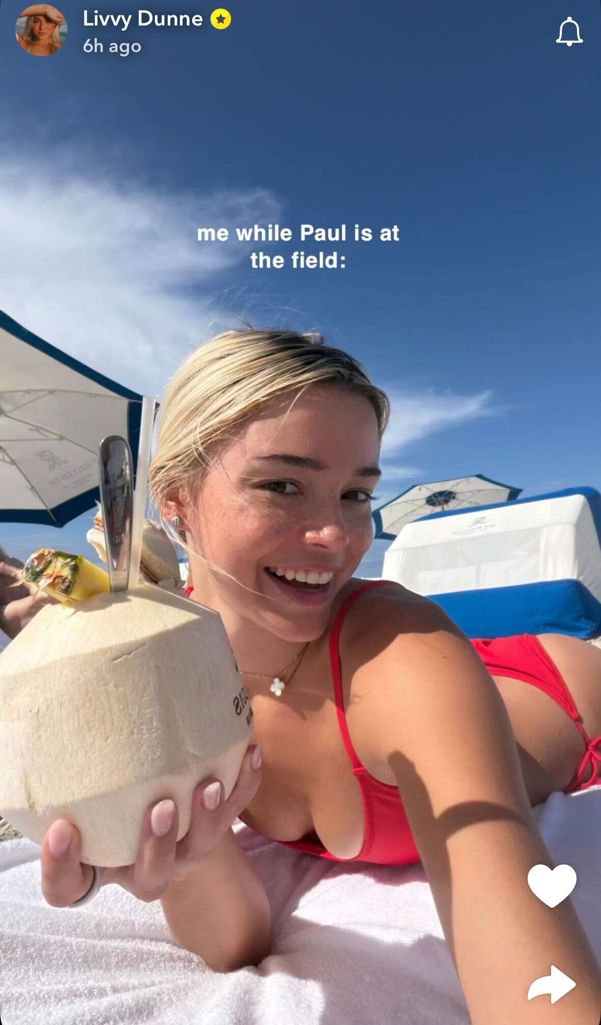 Livvy Dunne red triangle bikini selfie celebrating Baywatch 2026 casting