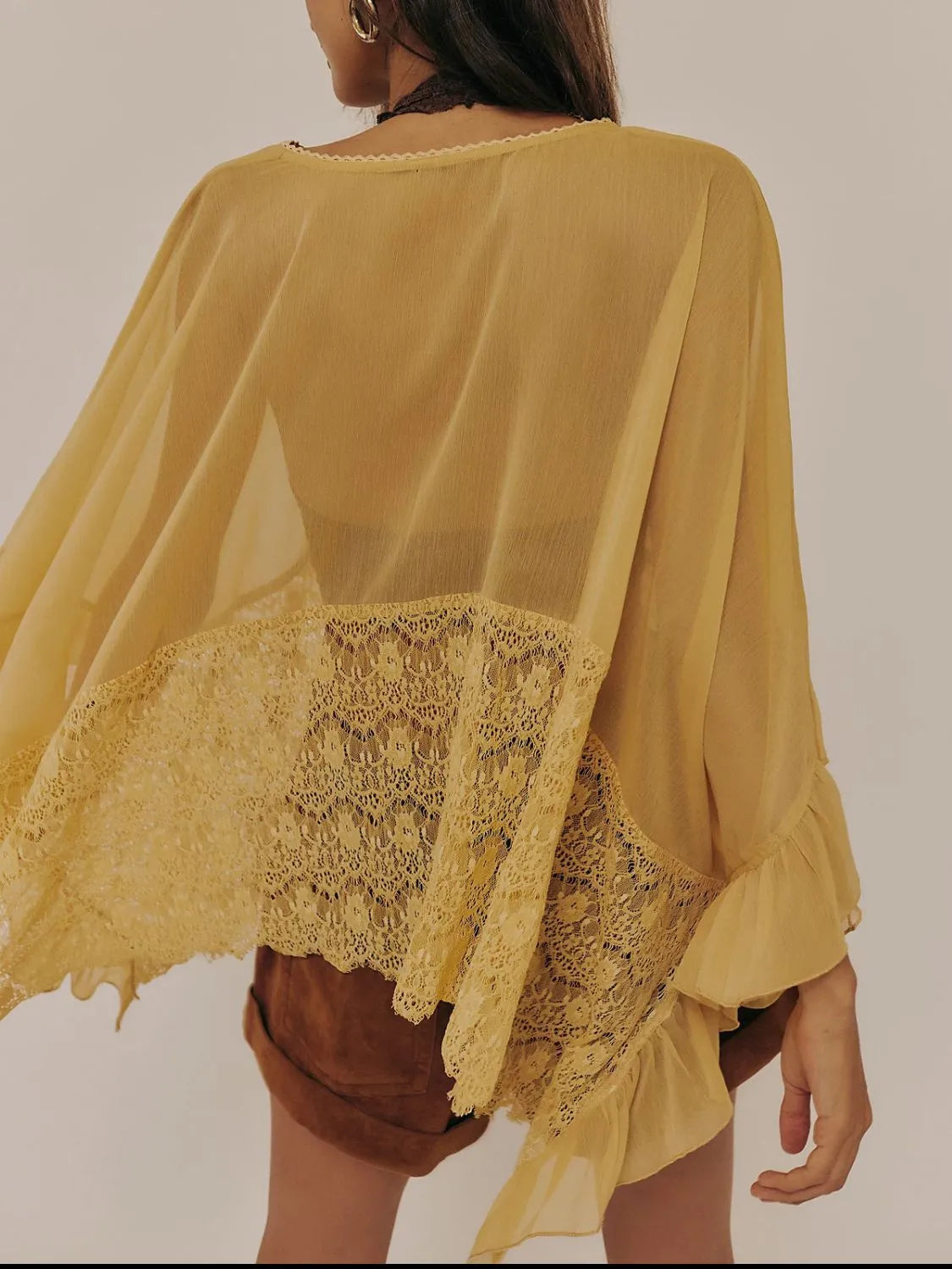 Lace V-Neck Ruffle Long Sleeve Cover-Up - Mustard