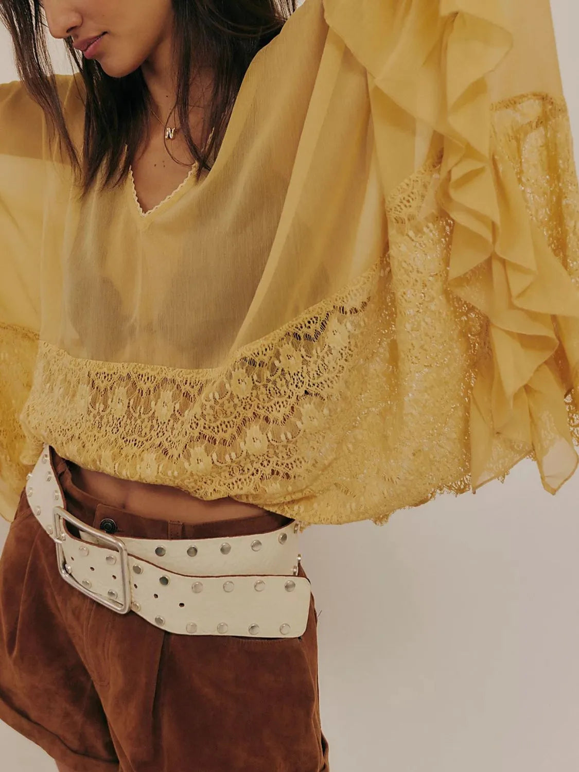 Lace V-Neck Ruffle Long Sleeve Cover-Up - Mustard