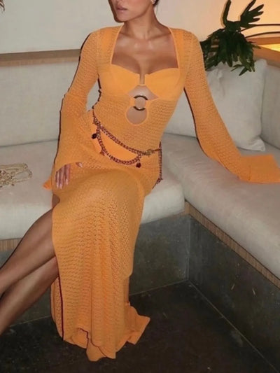Slit Plunge Flare Sleeve Cover-Up Dress - Tangerine