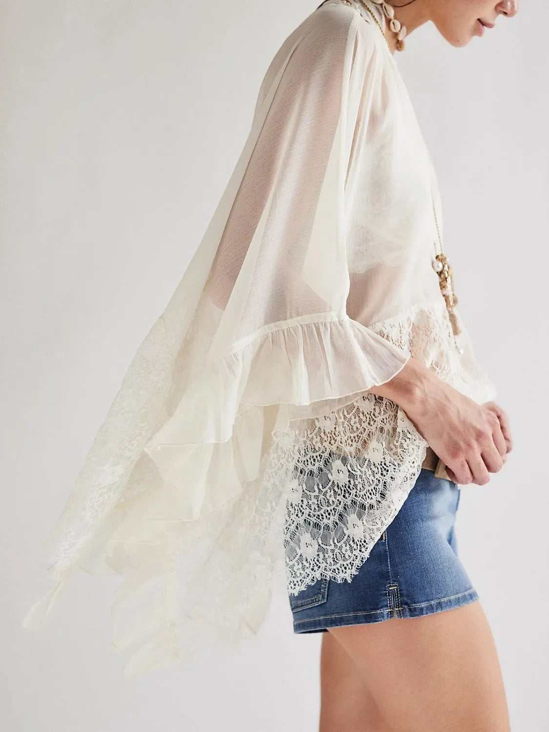 Lace V-Neck Ruffle Long Sleeve Cover-Up - White