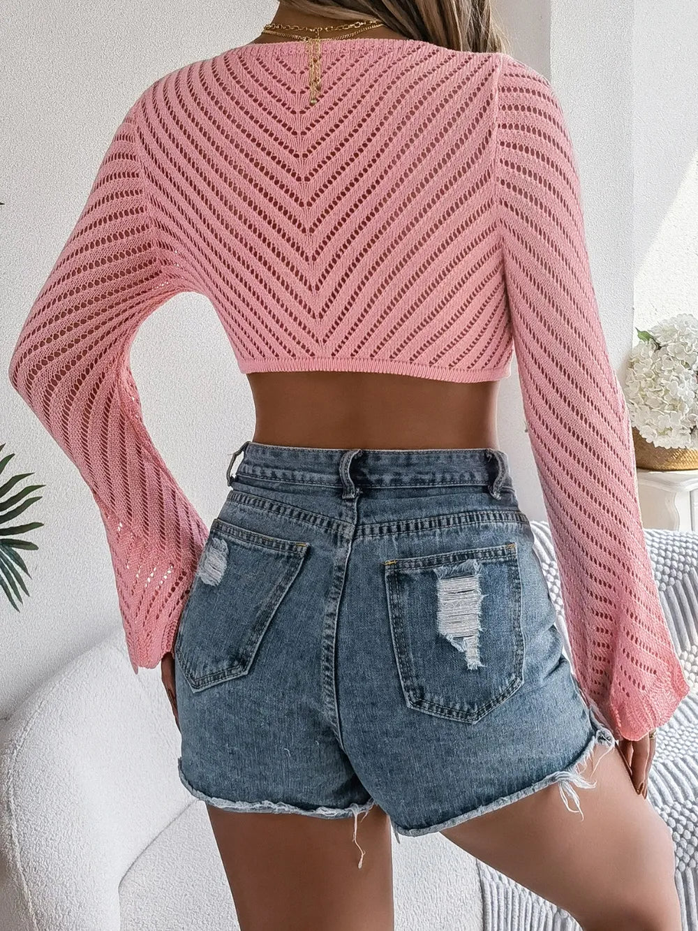 Openwork Tied Long Sleeve Knit Cover-Up - Pink