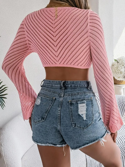 Openwork Tied Long Sleeve Knit Cover-Up - Pink
