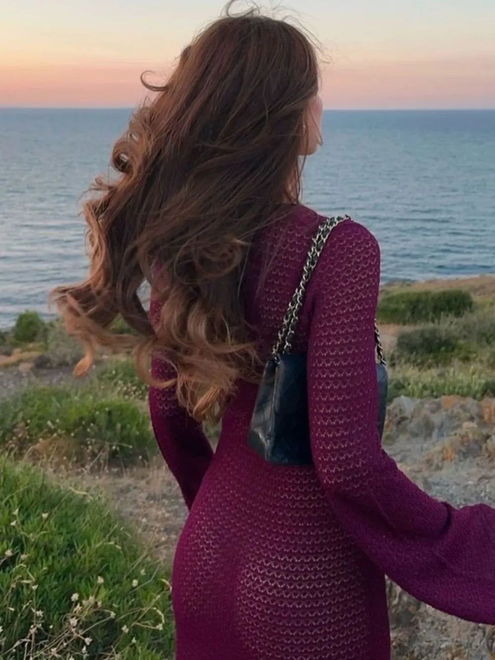 Slit Plunge Flare Sleeve Cover-Up Dress - Plum Purple