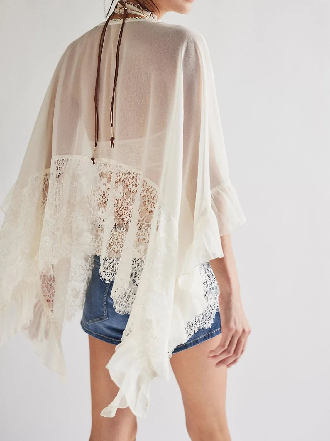 Lace V-Neck Ruffle Long Sleeve Cover-Up - White