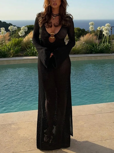 Slit Plunge Flare Sleeve Cover-Up Dress - Black