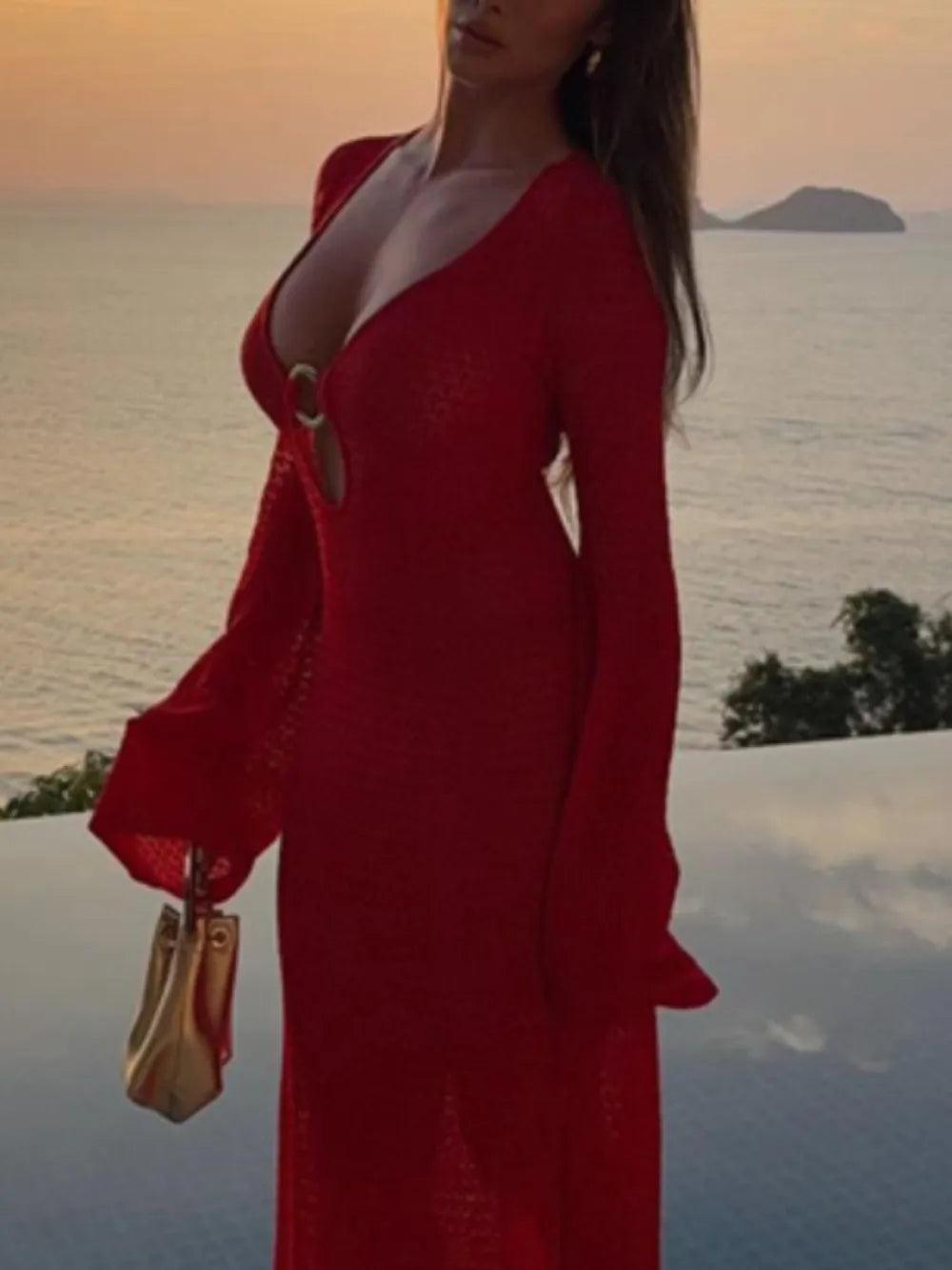 Slit Plunge Flare Sleeve Cover-Up Dress - Red