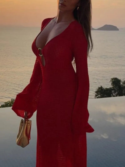 Slit Plunge Flare Sleeve Cover-Up Dress - Red