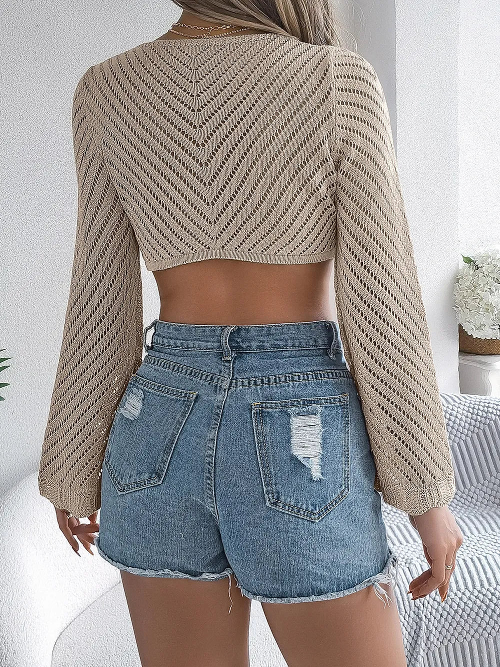 Openwork Tied Long Sleeve Knit Cover-Up - Dust Storm