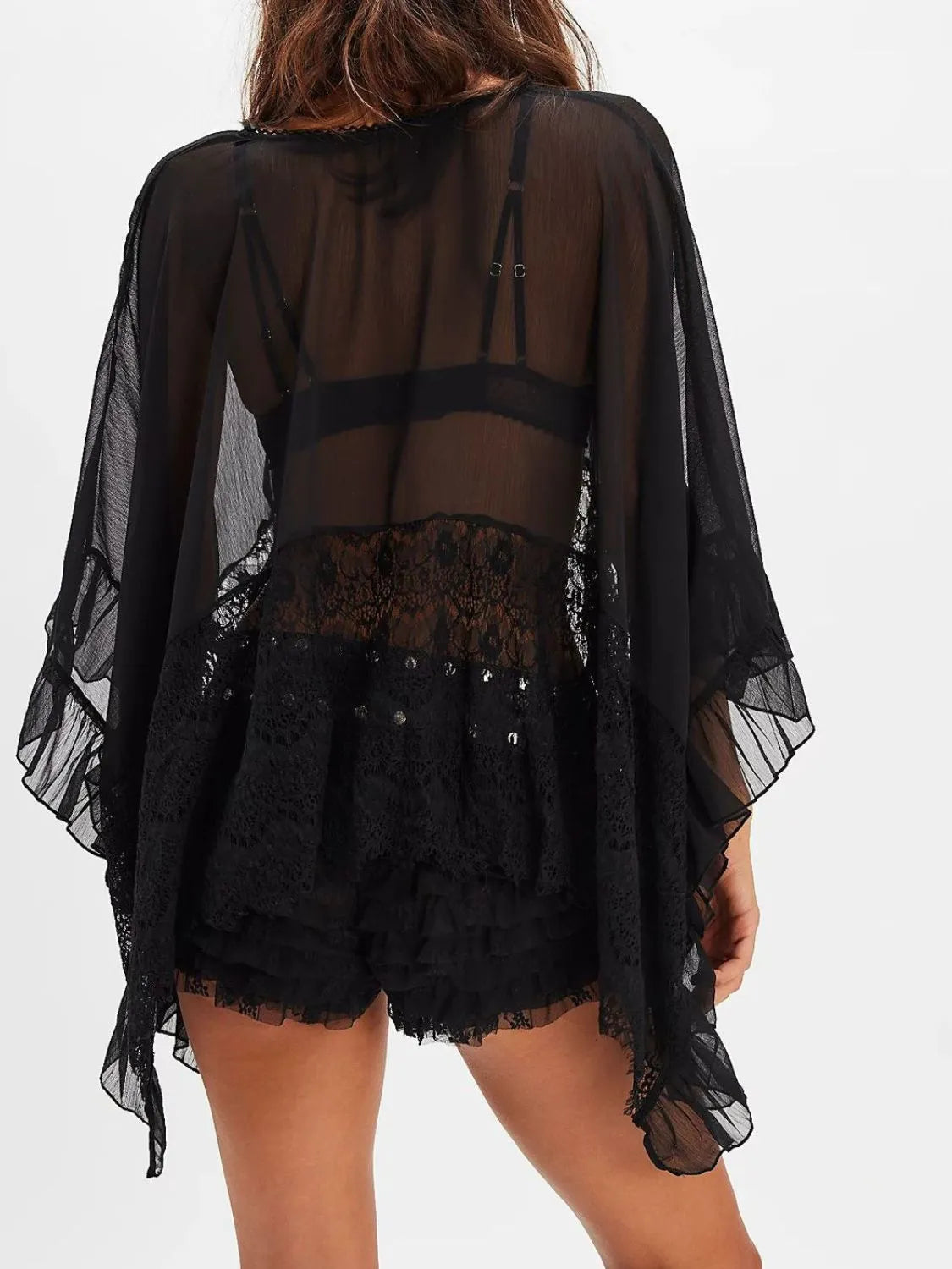 Lace V-Neck Ruffle Long Sleeve Cover-Up - Black