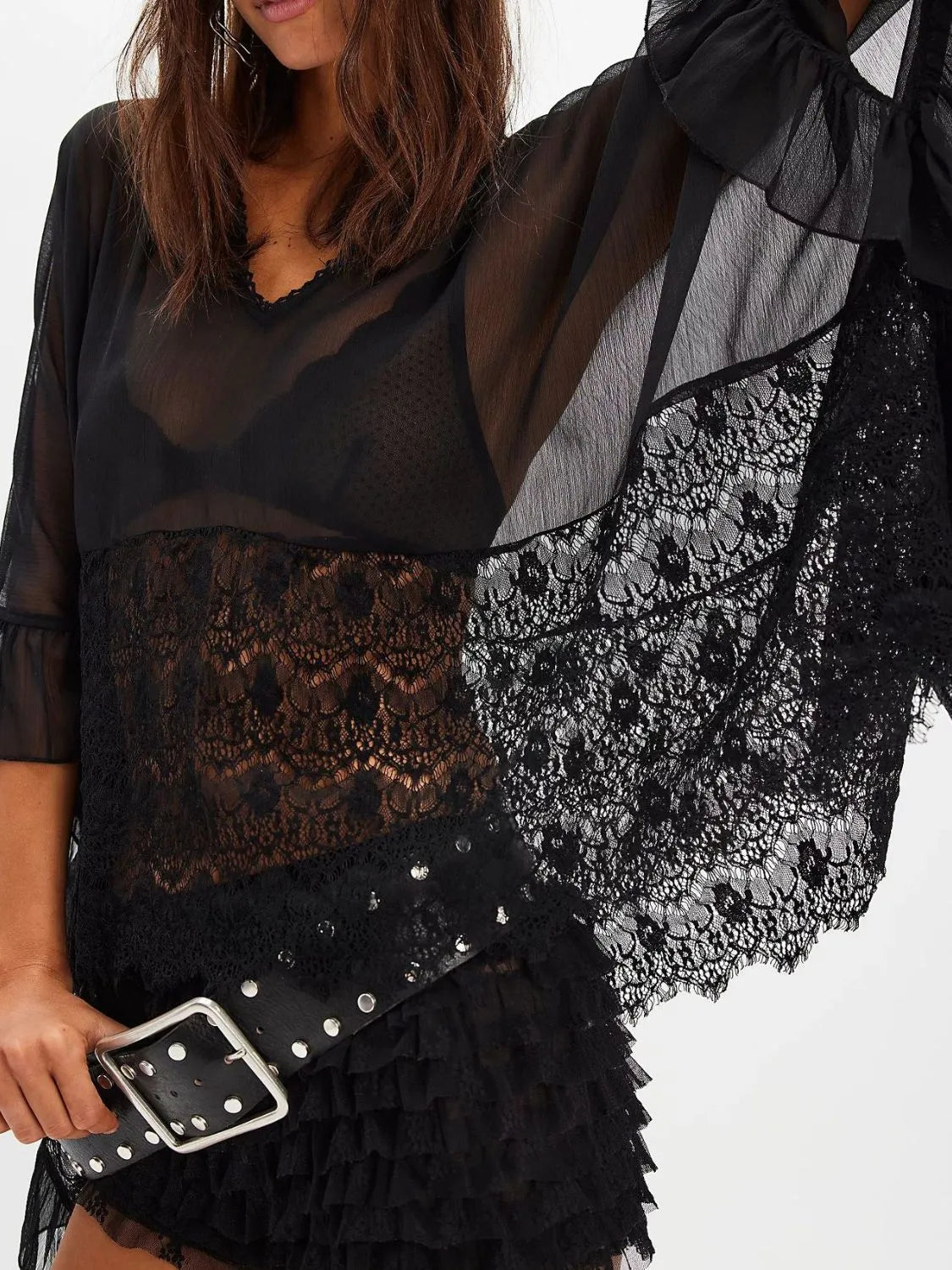 Lace V-Neck Ruffle Long Sleeve Cover-Up - Black