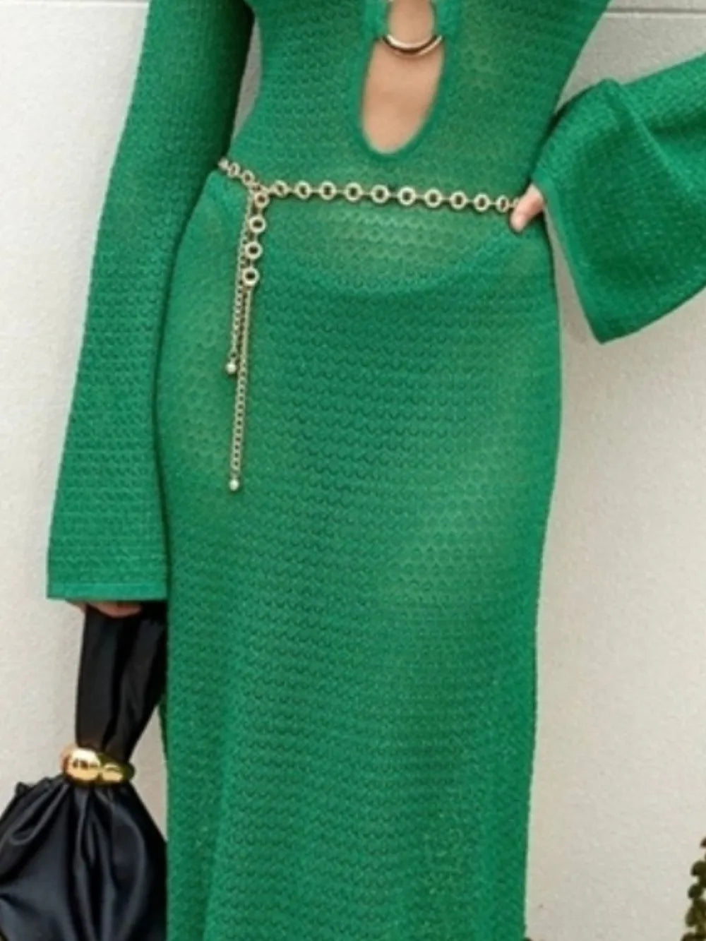 Slit Plunge Flare Sleeve Cover-Up Dress - Dark Green